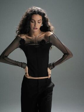 Commense Black Sheer Off-Shoulder Rose Appliqué Top